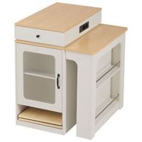mesa de comedor extensible blanca con tablero efecto madera y enchufes