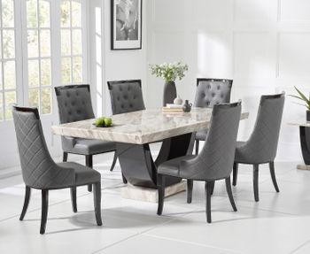 Raphael 170cm Cream and Black Pedestal Marble Dining Table with Angelica Chairs