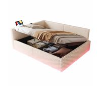 cama tapizada 140x200 cm - led usb respaldo en l terciopelo canape hidraulico - beige