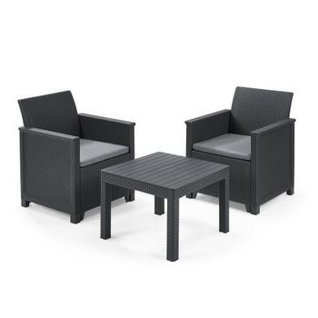 Keter Conjunto De Terraza Jardín Emma Cojines Grafito Mesa 58,5x58,5x43; Silla/sillón 63x65x74; Sofá 113x65x74 Anxpxal Cm