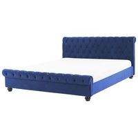 cama doble tapizada en terciopelo azul 180 x 200 cm con cabecero acolchado estilo glam avallon