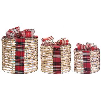 Conjunto De 3 Decoraciones Regalos De Navidad Con Luces Led Blancas Cálidas Con Lazos Adornos Festivos Para Interior Plateado Beige Vejlen