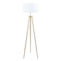 lampara de pie trepied tripode madera natural metal pantalla blanco