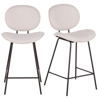 Set de 2 taburetes altos con repaldo de tela blanca, roble y acero negro, 65 cm