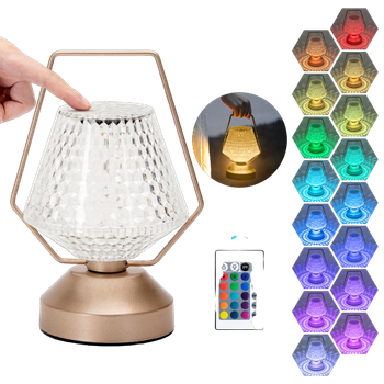 Aigostar LED Lámpara de Mesa de Cristal, 16 Colores y 4 Modos Lámpara de Noche de Rosa Diamante con Control Táctil y Control Remoto, USB-C Recargable Regulable Luz Nocturna para Dormitorio, Dorada