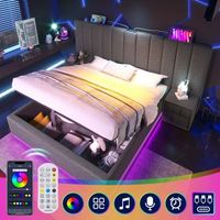 cama contenedor 160 x 200 cm con cabecero grande - lampara de lectura y tomas usb  tipo c - led - tela de lino - gris sin colchon
