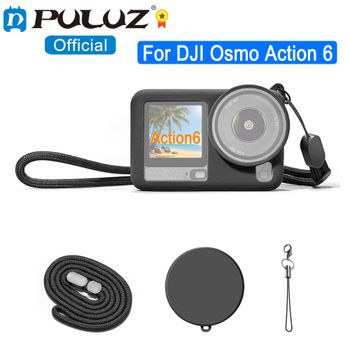 PULUZ Funda de silicona con cordón antipérdida para cámara DJI Osmo Action 6, cubierta protectora Action6 con correa para la muñeca y tapa de lente