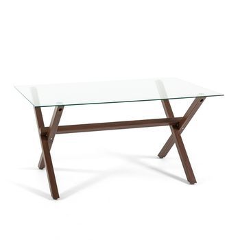 Mesa Rectangular 150x90 Cm Con Tablero De Vidrio Templado Y Patas De Metal En X Efecto Madera - Amos