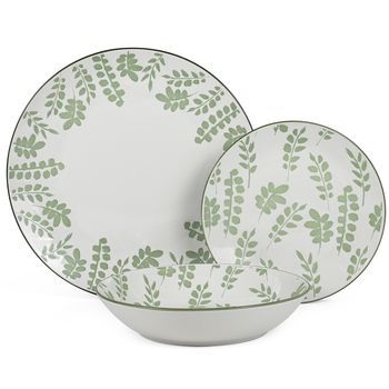Vajilla 18 Pzs Porcelana  Hojas Verdes,plato Llano:diam.27