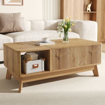 Mesa De Centro Elevable De 95 × 48 × 50 Cm, Color Natural Y Diseño Ondulado