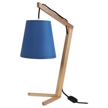 Lámpara de mesa madera natural pantalla azul