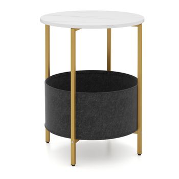 Costway Mesa Auxiliar Redonda para Espacios Pequeños Mesa Lateral de 2 Niveles con Canasta de Tela Estructura de Metal para Salón Dormitorio