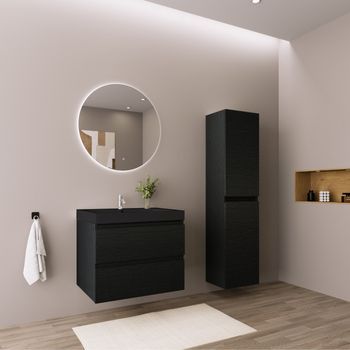 Conjunto De Mueble Baño Suspendido Con Lavabo 60 Cm Con Columna Roble Negro - Lomazoo Avalon