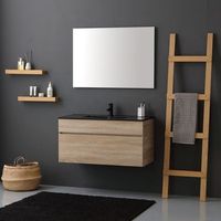 composicion bano suspendida cm 100 roble well con lavabo de ceramica negra y espejo serie sole