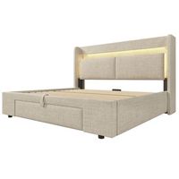 cama doble de 140x200 cm-led usb  tipo-c lino color beige