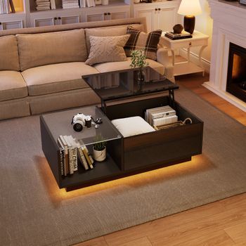 Mesa De Centro Elevable Negra Con Luces Led Rgb, 100 X 50 Cm