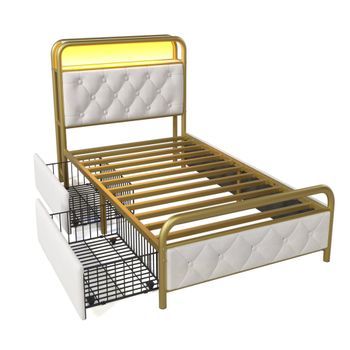 Cama 90x200cm Con Cajones + Led + Puertos De Carga Tapizada En Terciopelo Con Somier De Metal Beige