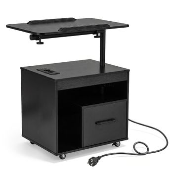 Costway Mesita de Noche Rodante Negro con Estación de Carga Americana Tira LED Mando RF Tablero Giratorio Abatible Cajón Almacenaje para Salón Dormitorio 60 x