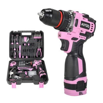 Taladro Eléctrico Inalámbrico De 21v Con Motor Sin Escobillas Y Doble Velocidad, Maletín De Transporte Con 65 Accesorios Y Batería De 6000 Mah. 34x9,5x28 Cm. Color: Rosa