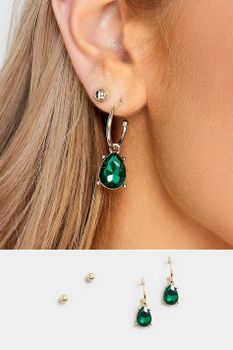 Juego 2 Pares De Pendientes Dorados Cristal Verde Esmeralda Y Blanco