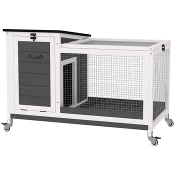 PawHut Conejera de madera con recinto, ruedas, techo abatible para interior y exterior 92 x 52 x 67 cm Gris oscuro