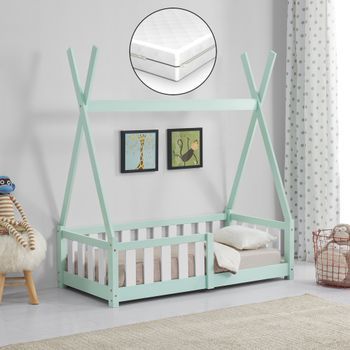 [en.casa]® Cama Para Niños - De Pino - Con Colchón De Espuma Fría - Con Reja Seguridad - 140x70cm - Cama Infantil - Tipi Carpa Indio - Verde Menta Lacado Mate - Certificado Oeko-tex 100