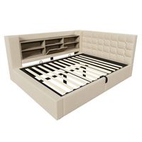 cama beige de lino 140 x 190 cm con cabecero en l reversible canape led y usb-c