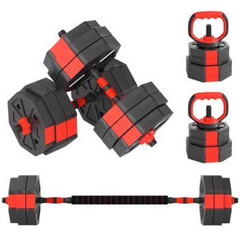 SPORTNOW Set de Pesas de Gimnasio 4 en 1 de 30kg, Convertible en Pesa Rusa, 2 Mancuernas, Barra y Soporte de Flexiones, Rojo   Aosom España