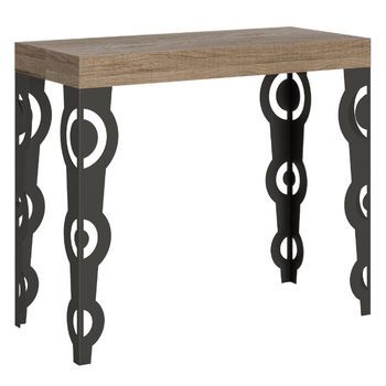 Consola Extensible Estilo Oriental Kazay 90x40/196 O 90x40/300 Cm-color Natural-soporte 2 Pies-5 Alargaderas Gruesas