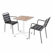 mesa de jardin en laminado de roble oscuro y 2 sillones grises opera - oviala