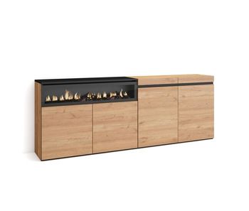 Aparador para salón, gran capacidad de almacenaje, 200x35x75cm, 4 puertas, chimenea eléctrica, estilo moderno, roble y negro