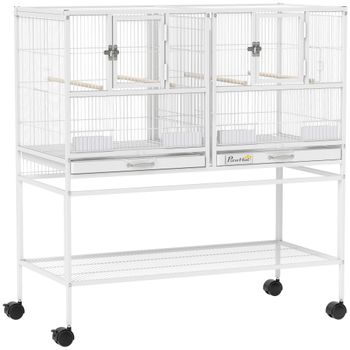 PawHut Jaula para Pájaros Grande con Divisor Ruedas 4 Comederos 4 Perchas Estante 2 Bandejas Extraíbles 95x45,5x102 cm Blanco