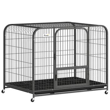 PawHut Jaula para Perros de Acero con Ruedas, 3 Puertas, Bandeja Extraíble y Cierre Seguro, Negro
