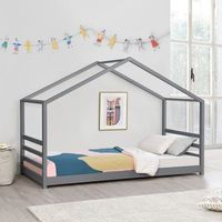 cama para ninos de pino vardo - 90 x 200 cm - cama infantil - forma de casa - cama simple - cama individual - gris oscuro lacado mate encasa