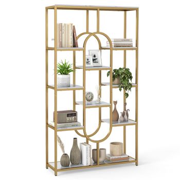 Costway Estantería de 5 Niveles Librero Librería Blanco y Dorado con Estantes Abiertos Estante Alto Independiente con Forma Ovalada Marco Blanco