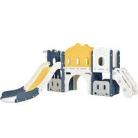 tobogan en forma de castillo con escalada tunel espacio de almacenamiento y canasta de baloncesto - azul