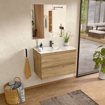Mueble Baño Suspendido 80 Cm Roble, Encimera Y Espejo Bellobath