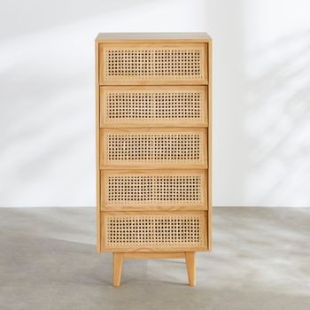 Cajonera de madera de pino y ratán con 5 cajones