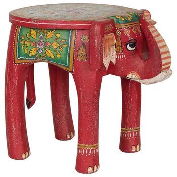 Taburete De Madera Elefante Multicolor Pintado A Mano 50x35x46 Cm