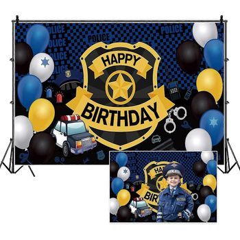 Fondo Fotográfico De 2,13 X 1,52 M Para Fiesta De Cumpleaños Con Temática Policial Para Niño, Ideal Para El Primer Cumpleaños. Incluye Globos De Colores, Fotos Infantiles Y Mesa Para Pastel.