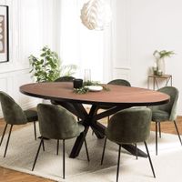 mesa de comedor ovalada color terracota con efecto piedra