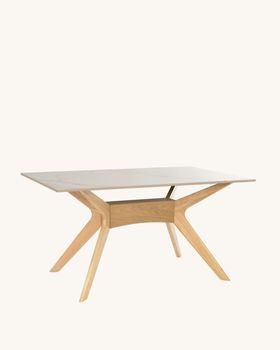 Mesa de comedor 140 tapa porcelanico blanco y patas roble
