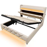 cama doble 160x200 - cabecero con almacenamiento puertos usb y tipo c led 360 grados - beige