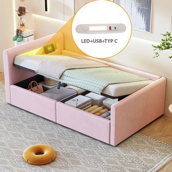 Cama Tapizada Para Niño 90x200 Cm Con Iluminación Led Luz Nocturna Y Puerto Usb Estante Espacio De Almacenamiento Hidráulico Cama Individual Para Niño Y Niña Tejido Terciopelo Rosa