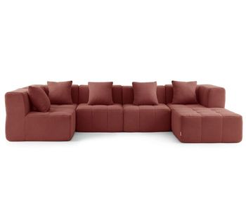Sofá esquinero modular de 5 plazas con chaise longue, tejido bouclé en color rojo terracota