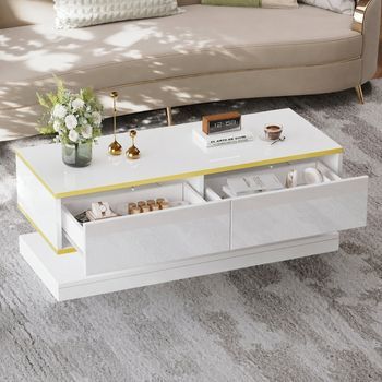Mesa De Centro Con Dos Cajones, 100 X 50 X 38 Cm, Blanco Cálido Y Borde Dorado