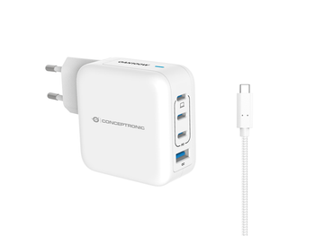CARGADOR DE PARED CONCEPTRONIC USB-C x3 USB-Ax1 QUICKCHARGE 3.0 GaN PPS 100W INCLUYE CABLE BLANCO