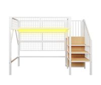 cama alta metalica 90x200 - con escalera almacenamiento armario abierto luces led controladas por app - blanco y negro