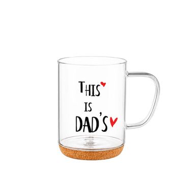 Taza de vidrio con fondo de corcho con inscripción 