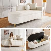 sofa de 2 plazas chaise longue mullida con compartimento patas metalicas y cojines - 134 x 64 x 70 cm - beige-blanco